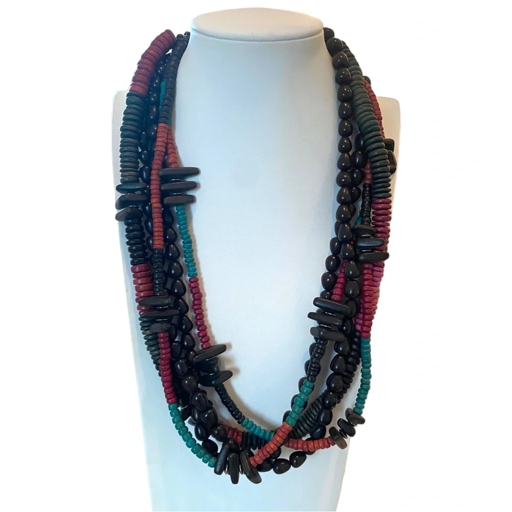 Wooden tribal multi strand multicolor necklace black red 11”